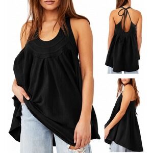 Free People New You Tank Top XL Black Tie Back Boho Babydoll Sleeveless Flowy